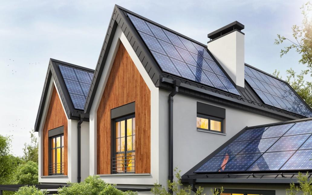 A new home with solar panels on the roof