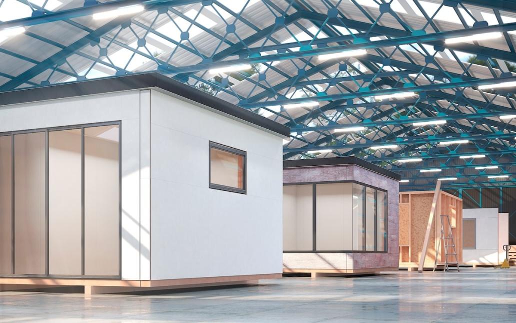 A row of prefabricated homes in a factory
