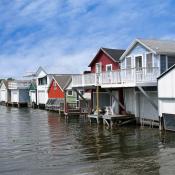 A row of house boats in the Finger Lakes region of New York