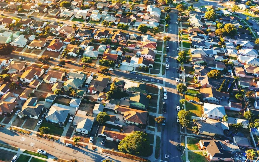 An aerial view of a residential neighborhood