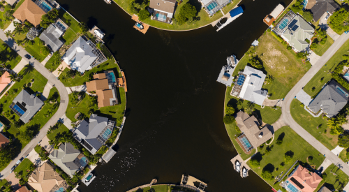 Aerial view of Cape Coral, Florida, homes on the water