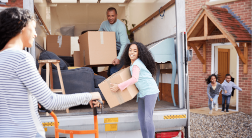 Family using moving truck to move house to a more affordable metro