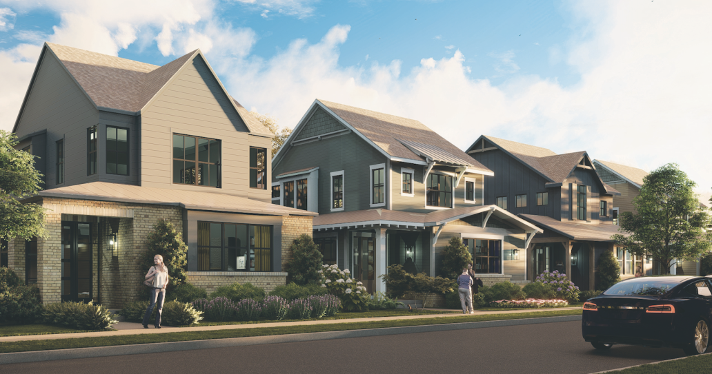 Street view of small-lot homes designed by DTJ Design 