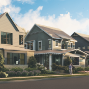 Street view of small-lot homes designed by DTJ Design 
